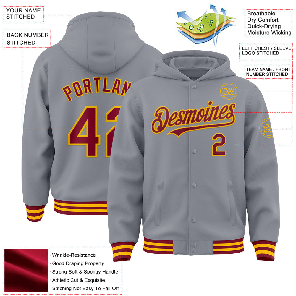 Custom Gray Crimson-Gold Bomber Full-Snap Varsity Letterman Hoodie Jacket view 3