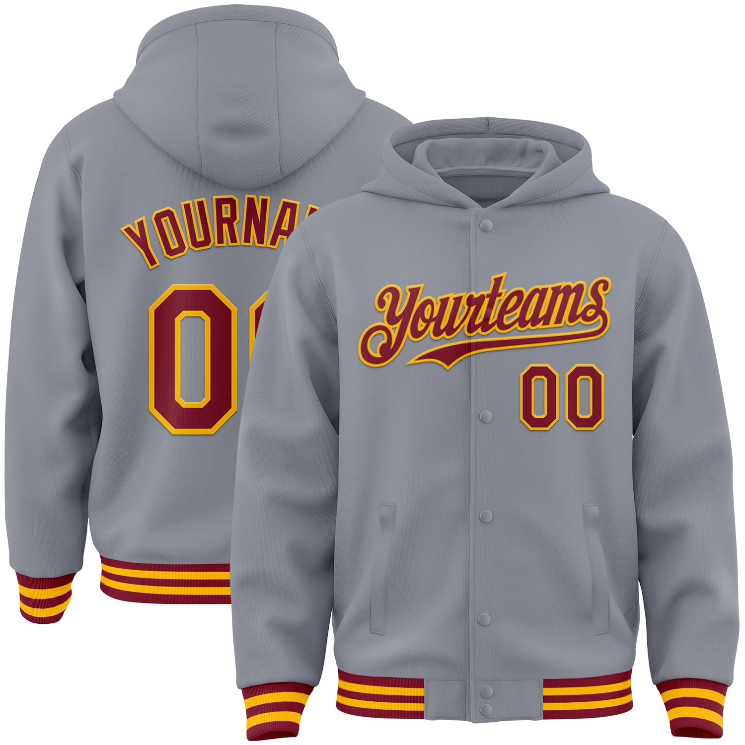 Custom Gray Crimson-Gold Bomber Full-Snap Varsity Letterman Hoodie Jacket - Main View