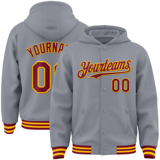 Custom Gray Crimson-Gold Bomber Full-Snap Varsity Letterman Hoodie Jacket - Main View