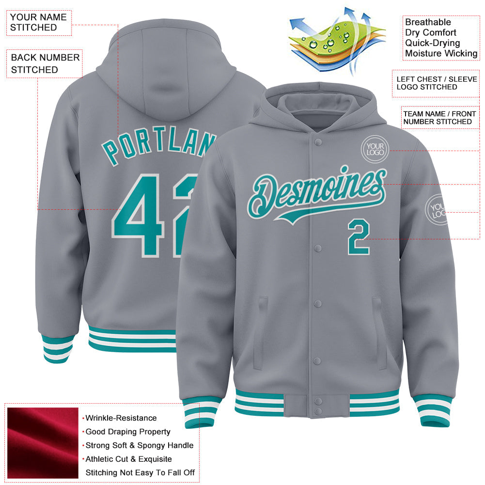 Custom Gray Teal-White Bomber Full-Snap Varsity Letterman Hoodie Jacket view 3