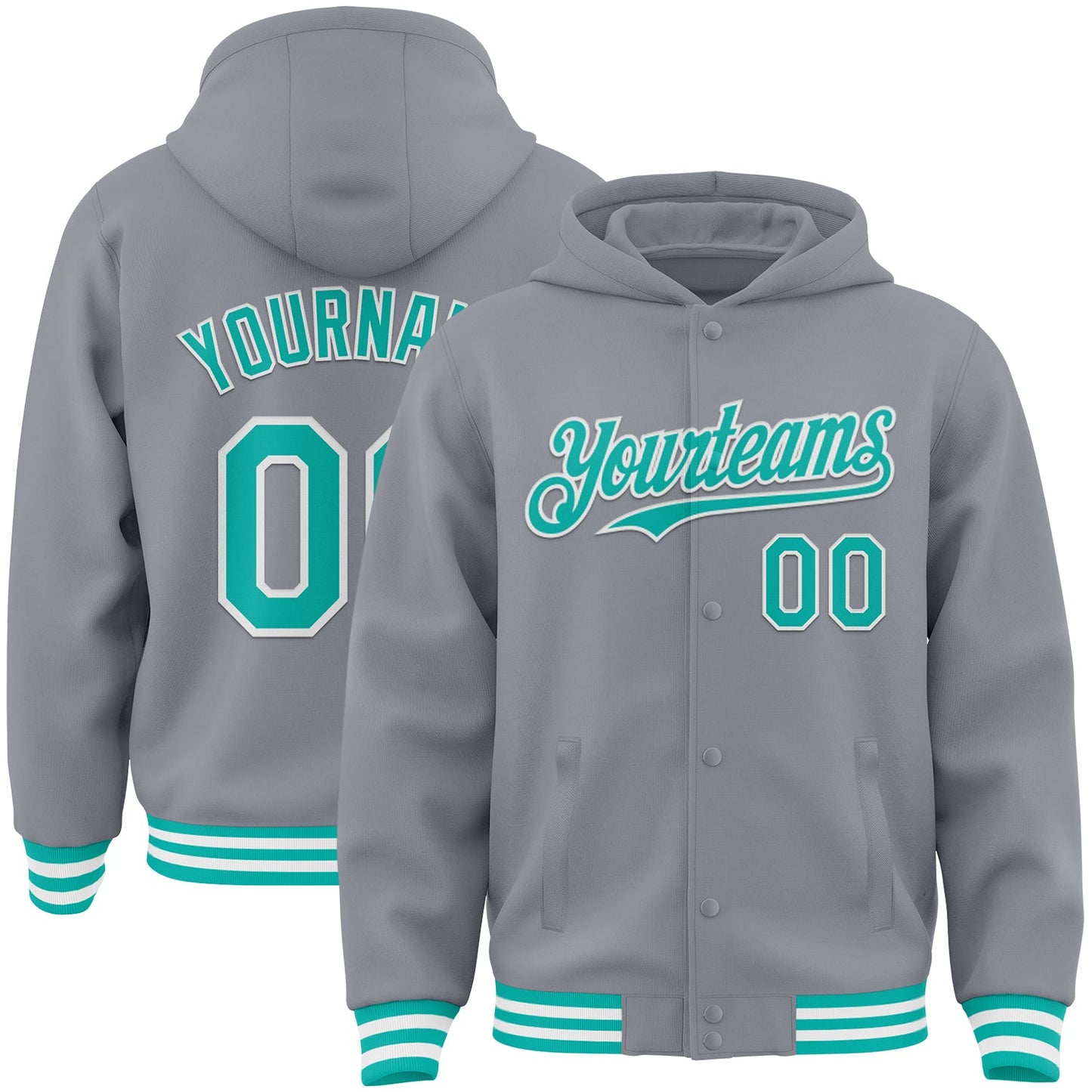 Custom Gray Aqua-White Bomber Full-Snap Varsity Letterman Hoodie Jacket - Main View