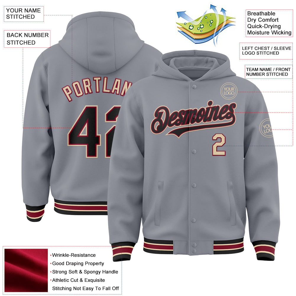 Custom Gray Black Crimson-City Cream Bomber Full-Snap Varsity Letterman Hoodie Jacket view 3