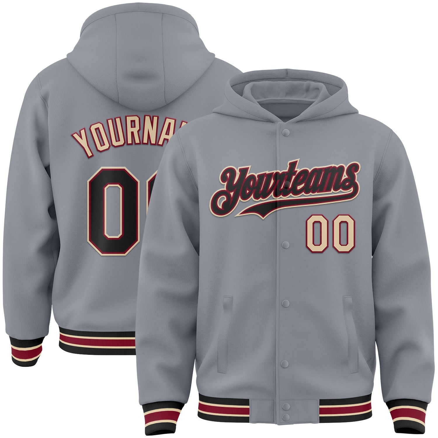 Custom Gray Black Crimson-City Cream Bomber Full-Snap Varsity Letterman Hoodie Jacket - Main View
