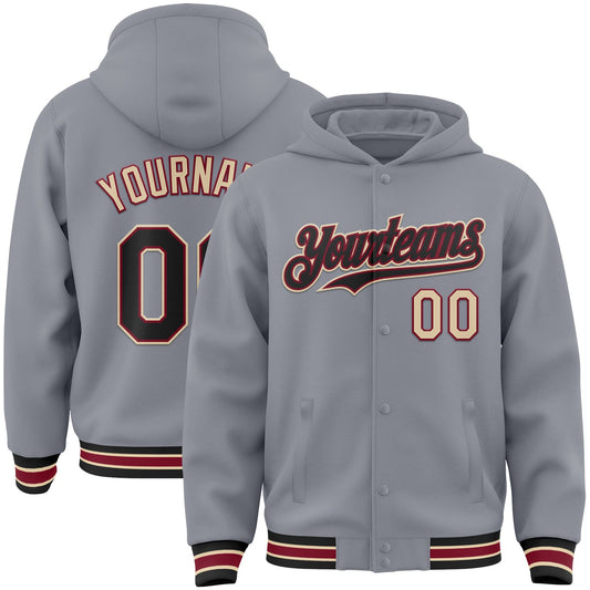 Custom Gray Black Crimson-City Cream Bomber Full-Snap Varsity Letterman Hoodie Jacket - Main View