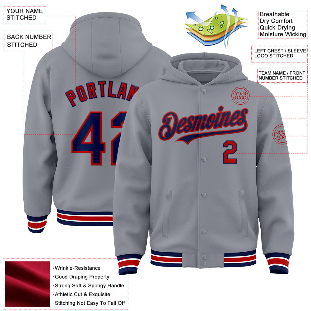 Custom Gray Navy-Red Bomber Full-Snap Varsity Letterman Hoodie Jacket view 3