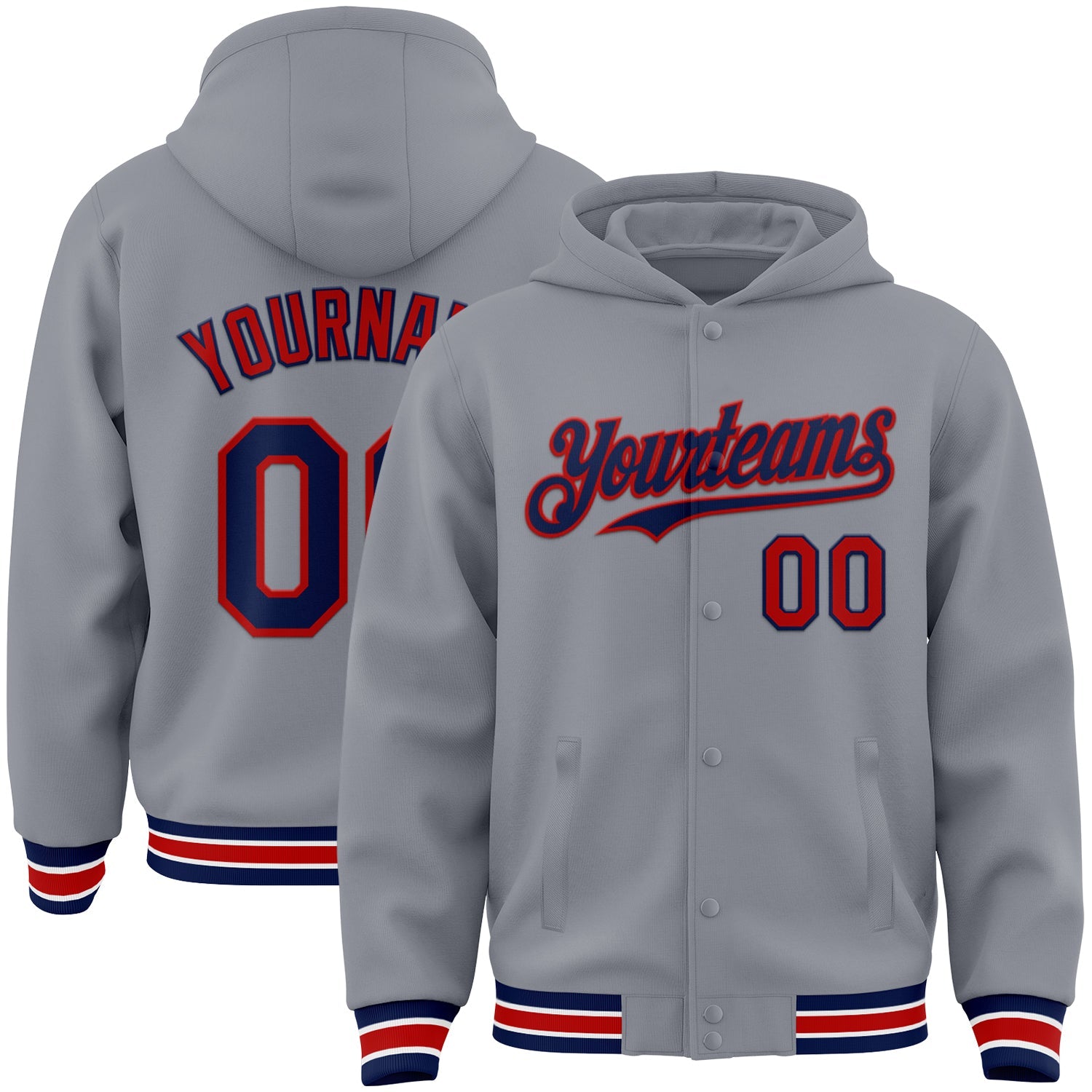 Custom Gray Navy-Red Bomber Full-Snap Varsity Letterman Hoodie Jacket - Main View