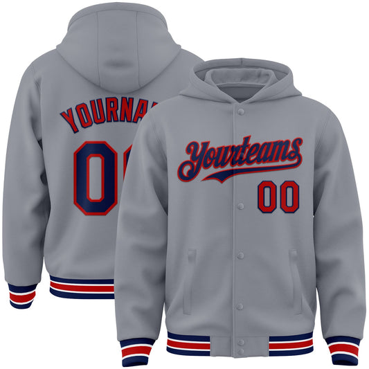 Custom Gray Navy-Red Bomber Full-Snap Varsity Letterman Hoodie Jacket - Main View