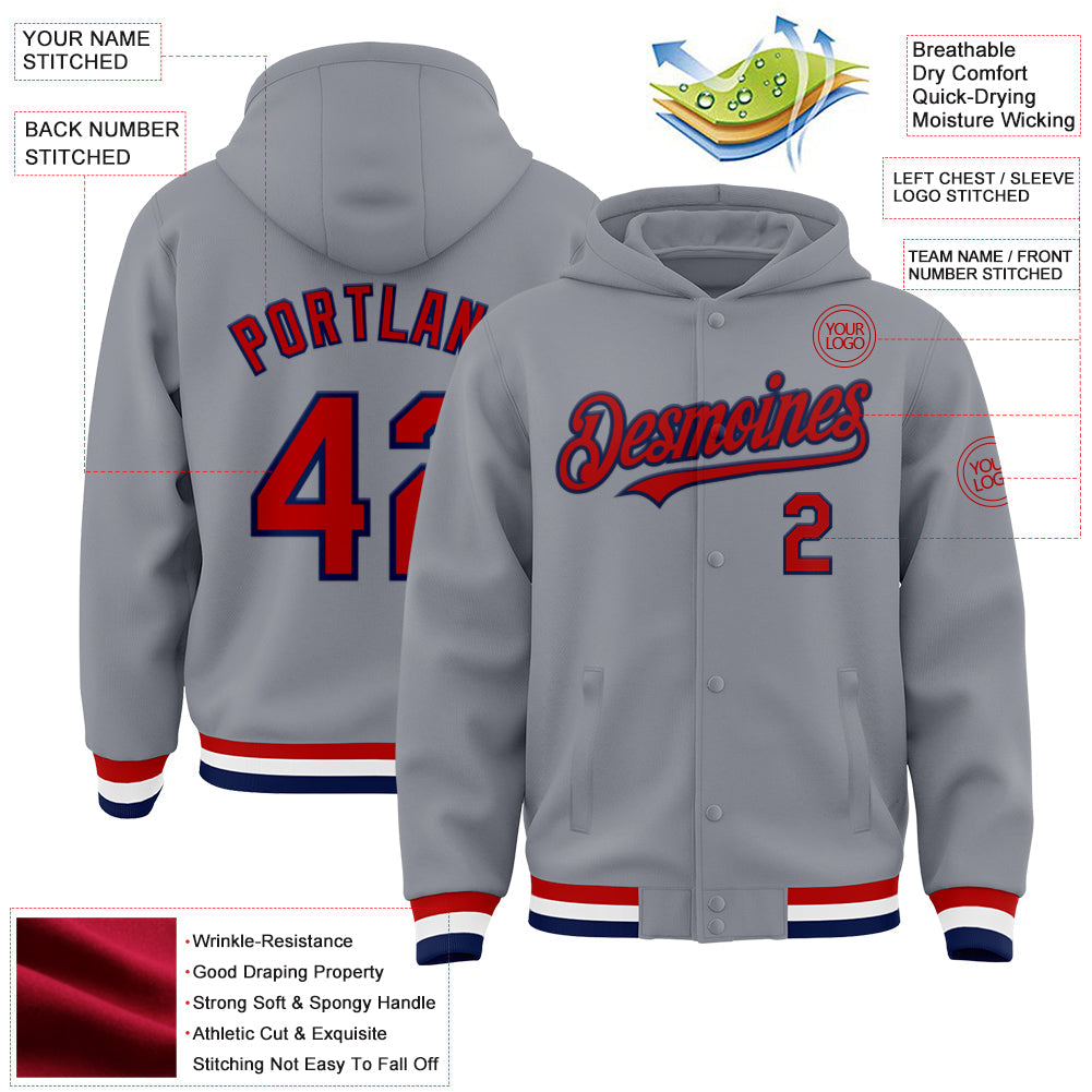 Custom Gray Red-Navy Bomber Full-Snap Varsity Letterman Hoodie Jacket view 3