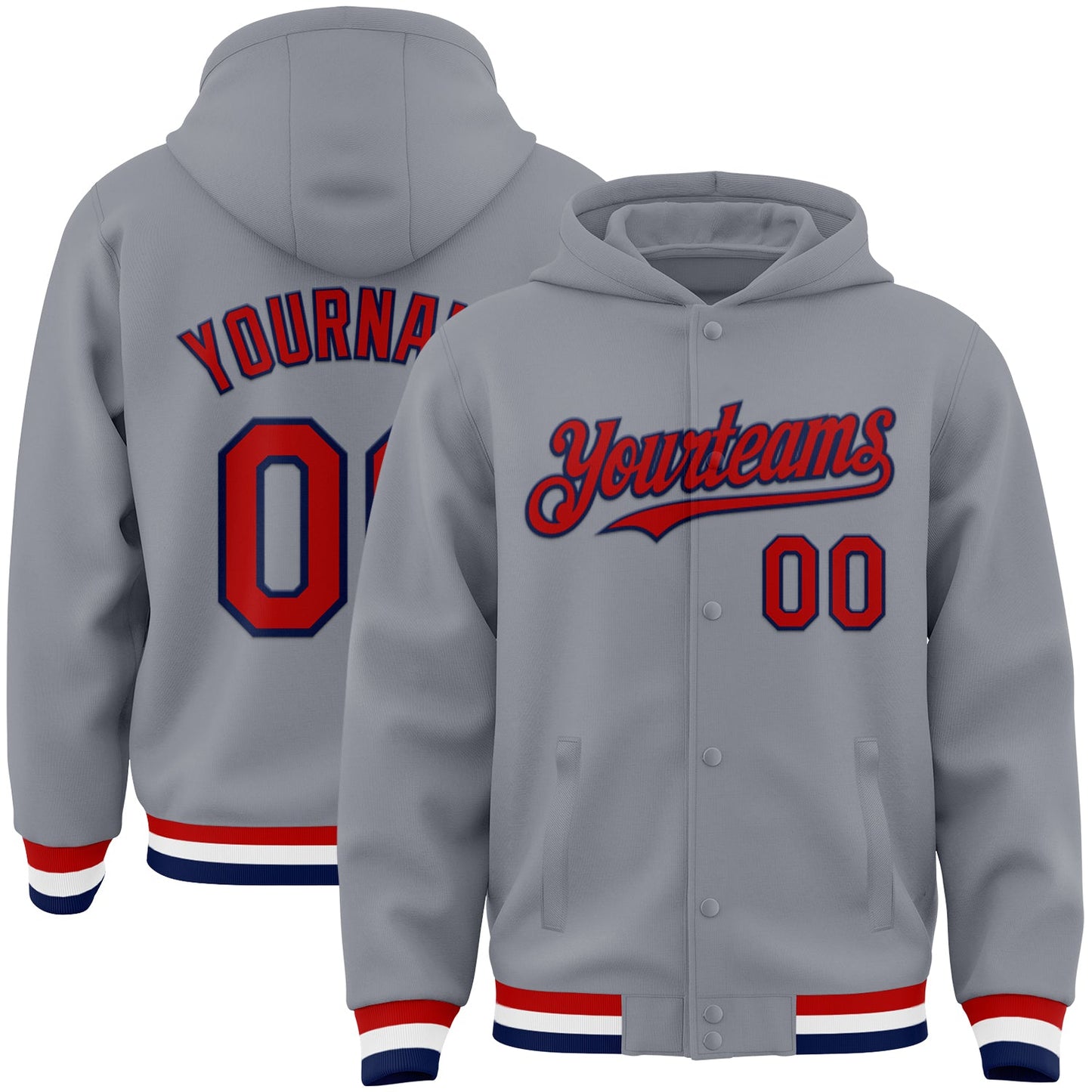 Custom Gray Red-Navy Bomber Full-Snap Varsity Letterman Hoodie Jacket - Main View