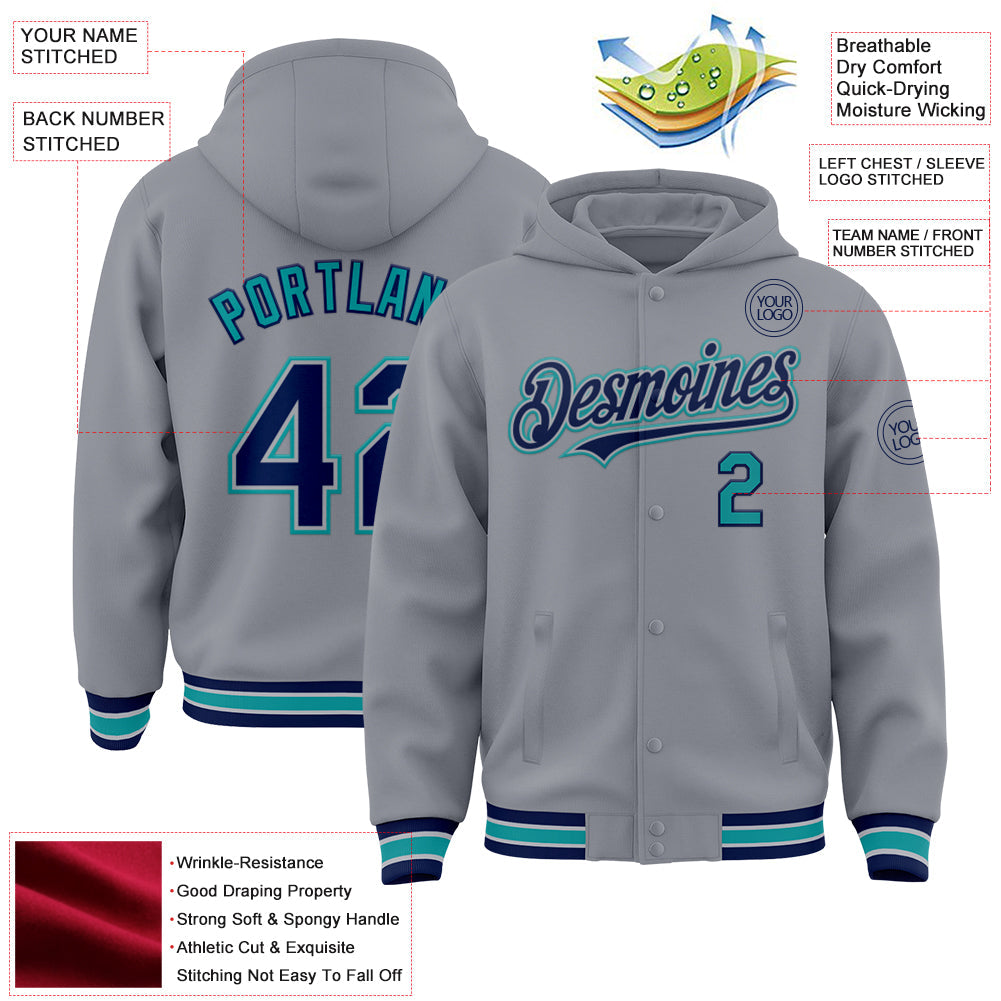Custom Gray Navy-Teal Bomber Full-Snap Varsity Letterman Hoodie Jacket view 3