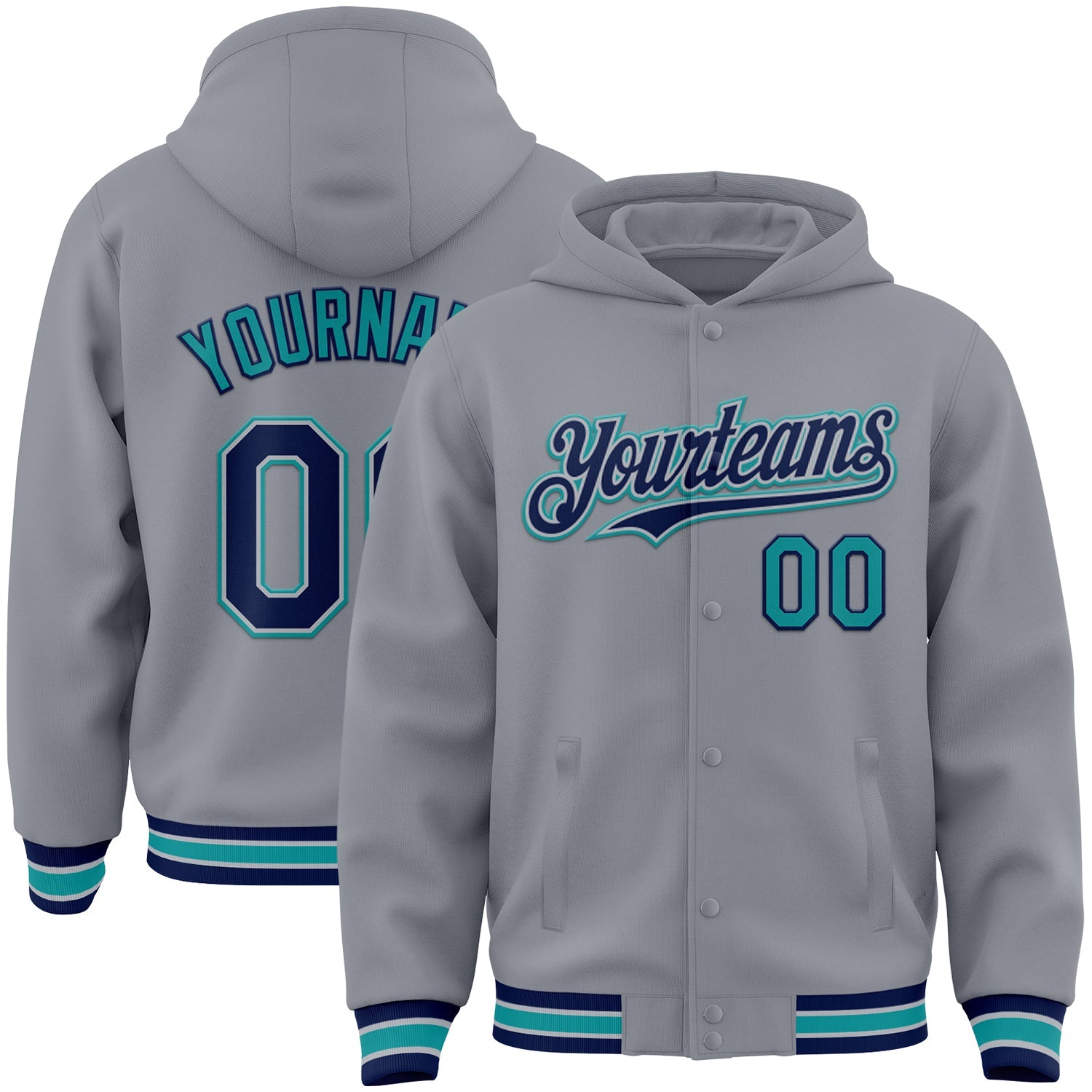 Custom Gray Navy-Teal Bomber Full-Snap Varsity Letterman Hoodie Jacket - Main View