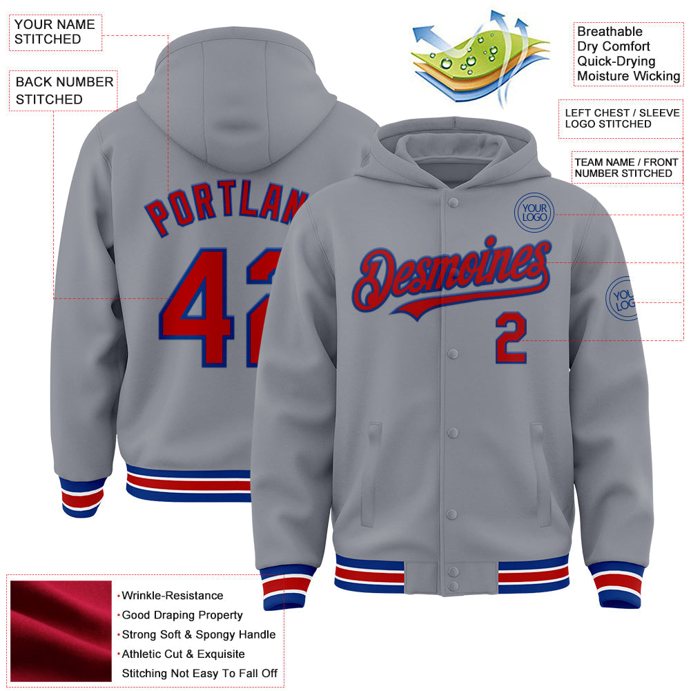 Custom Gray Red-Royal Bomber Full-Snap Varsity Letterman Hoodie Jacket view 3