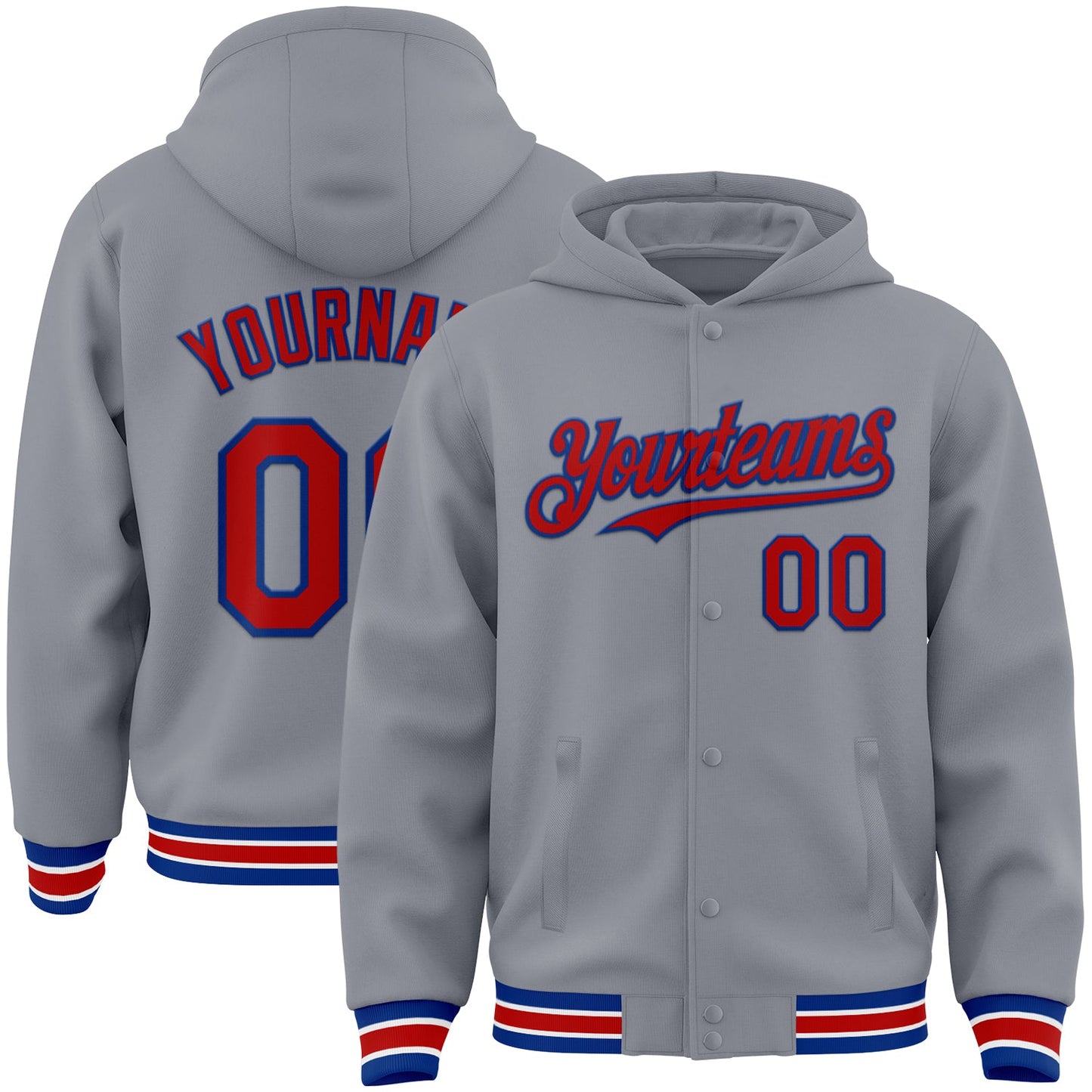Custom Gray Red-Royal Bomber Full-Snap Varsity Letterman Hoodie Jacket - Main View