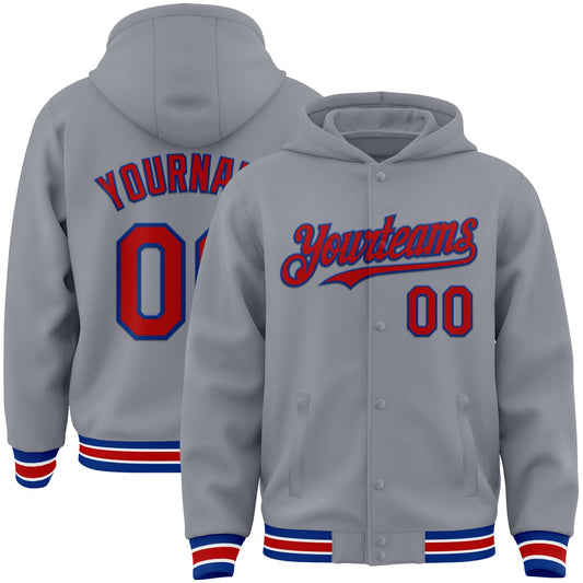 Custom Gray Red-Royal Bomber Full-Snap Varsity Letterman Hoodie Jacket - Main View
