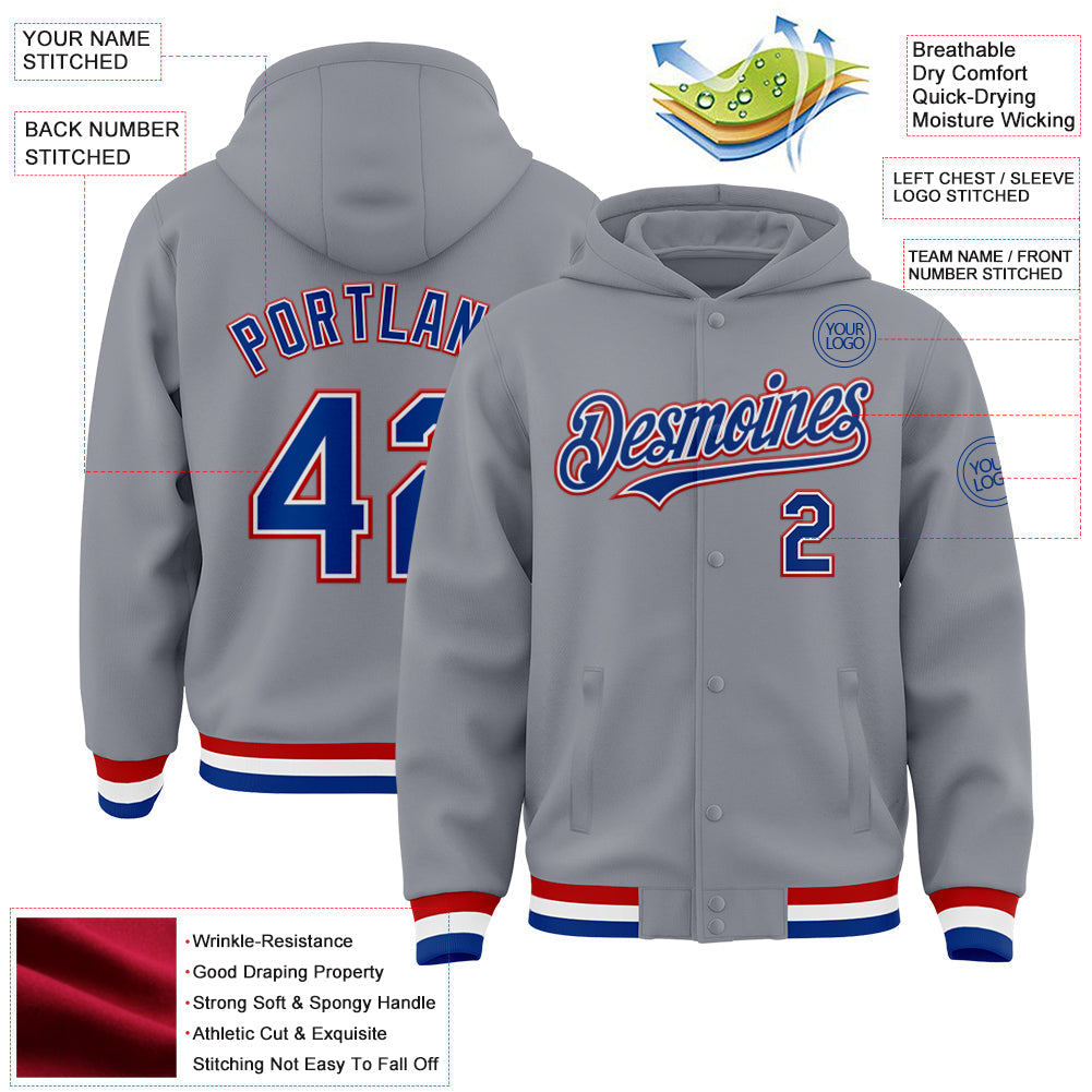 Custom Gray Royal-Red Bomber Full-Snap Varsity Letterman Hoodie Jacket view 3