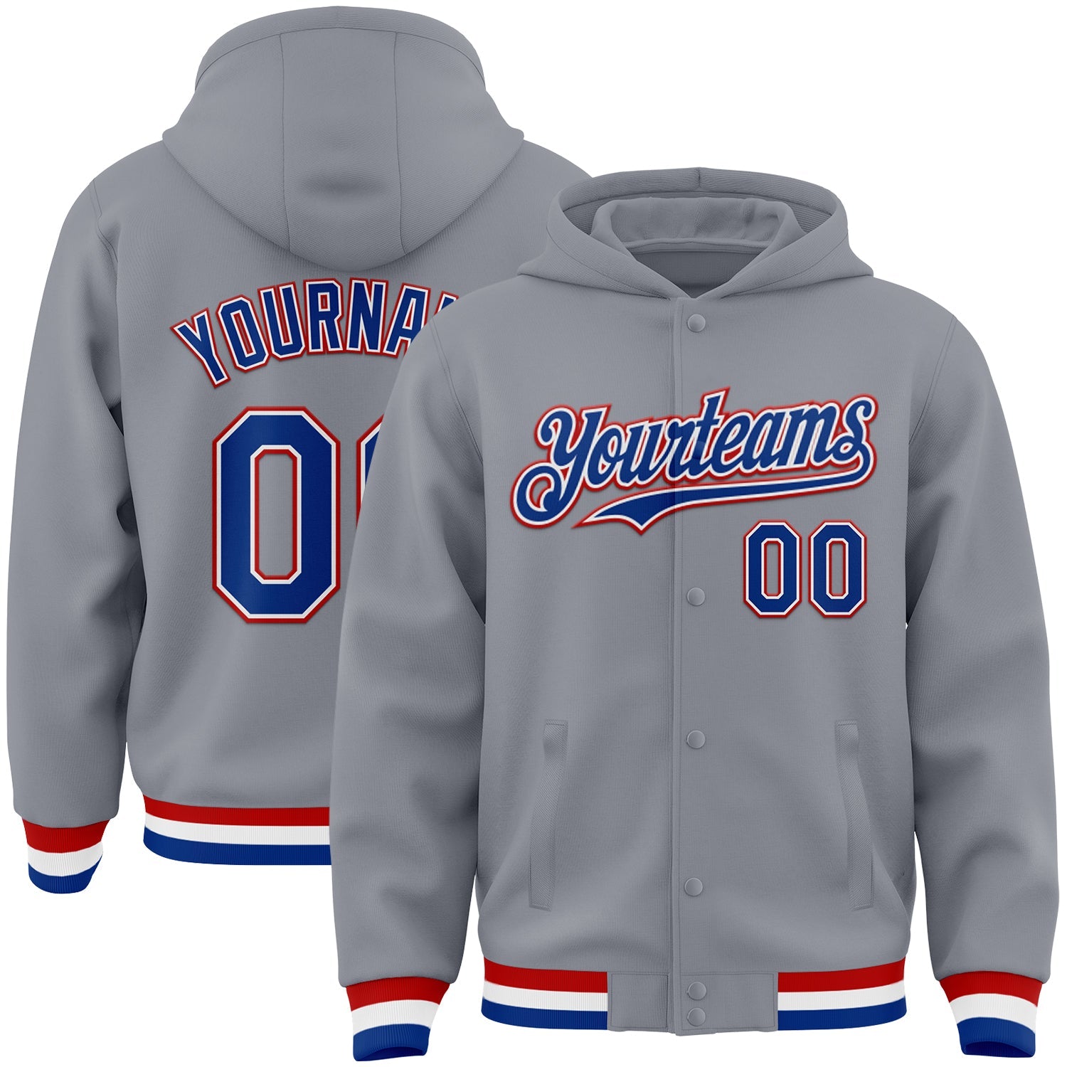 Custom Gray Royal-Red Bomber Full-Snap Varsity Letterman Hoodie Jacket - Main View