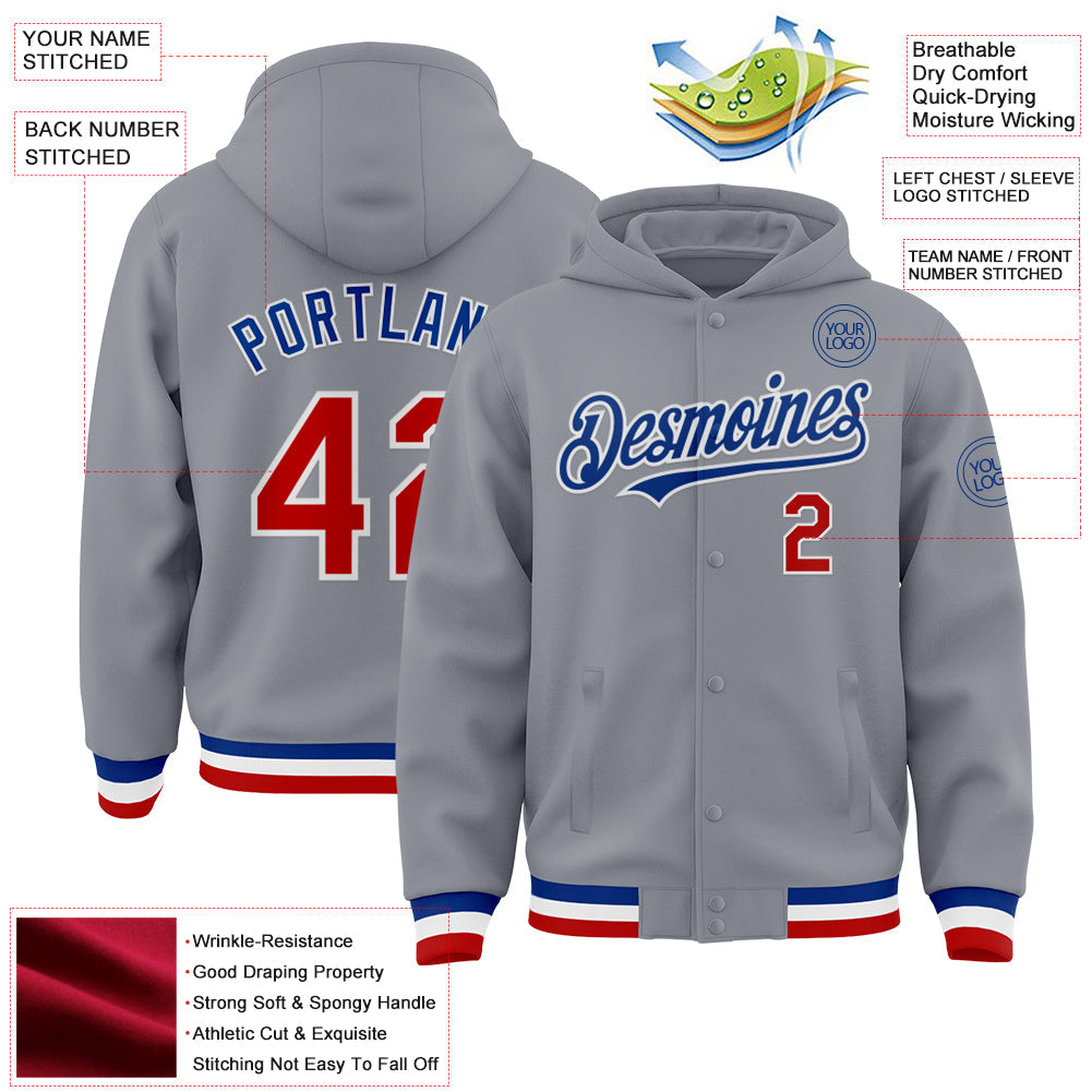 Custom Gray Red-Royal Bomber Full-Snap Varsity Letterman Hoodie Jacket view 3