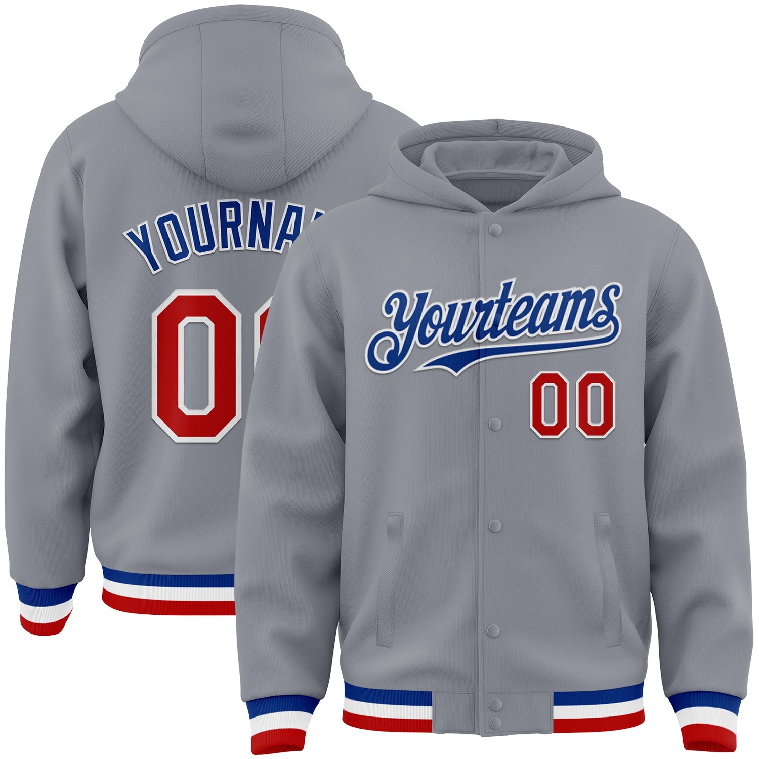 Custom Gray Red-Royal Bomber Full-Snap Varsity Letterman Hoodie Jacket - Main View