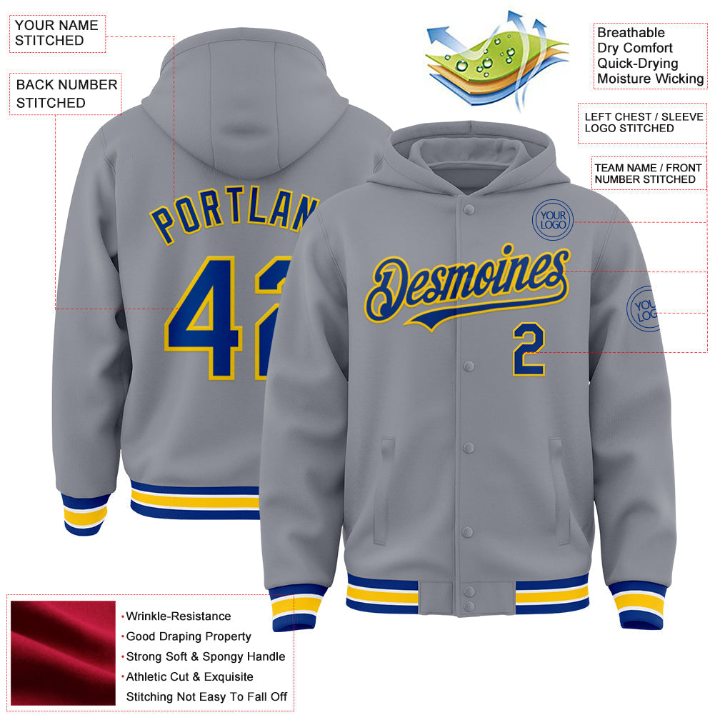 Custom Gray Royal-Yellow Bomber Full-Snap Varsity Letterman Hoodie Jacket view 3