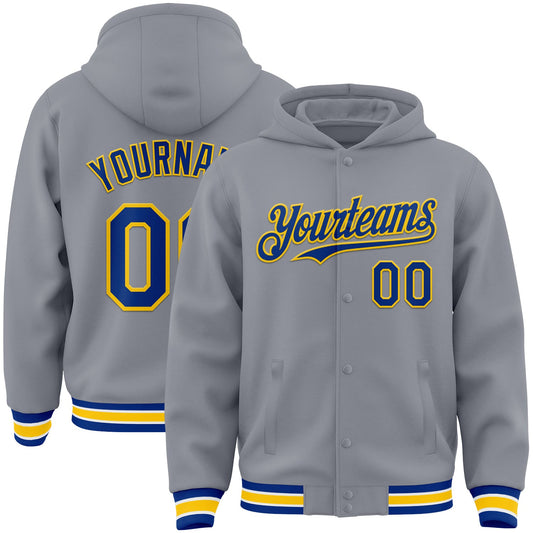 Custom Gray Royal-Yellow Bomber Full-Snap Varsity Letterman Hoodie Jacket - Main View