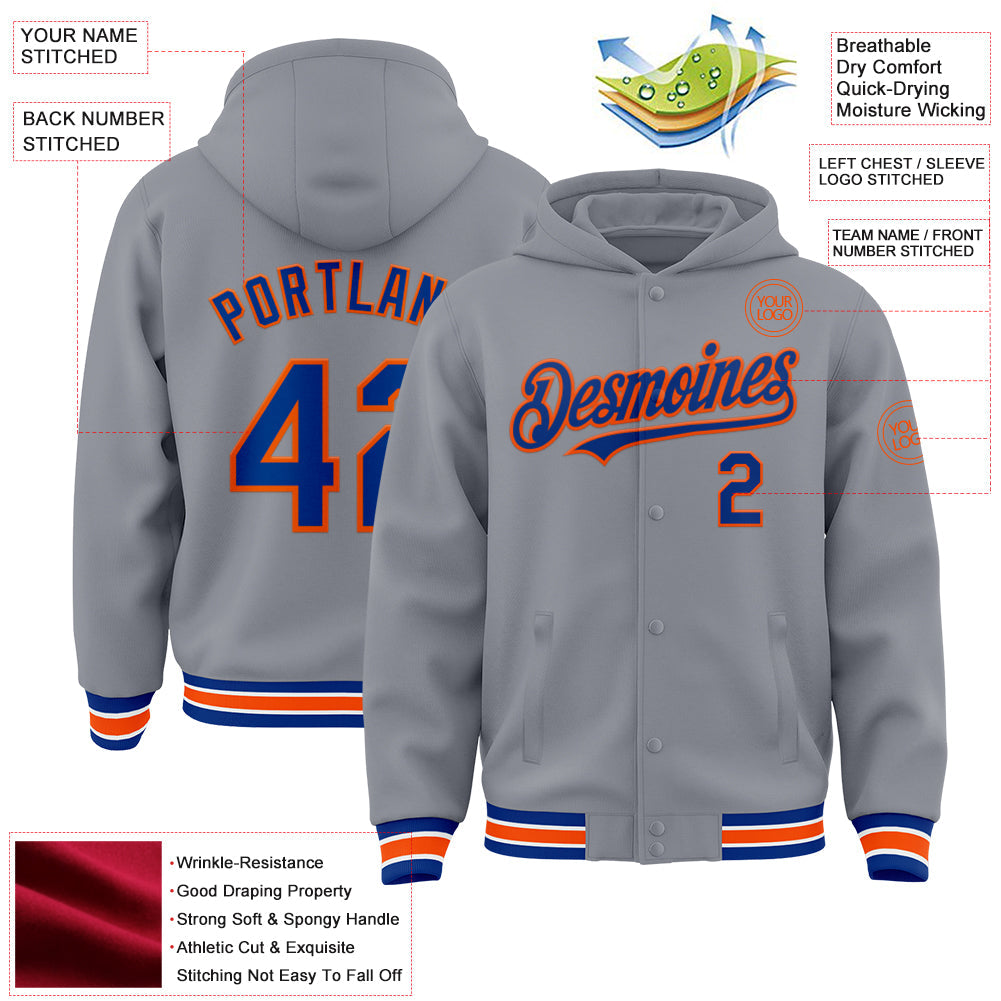 Custom Gray Royal-Orange Bomber Full-Snap Varsity Letterman Hoodie Jacket view 3