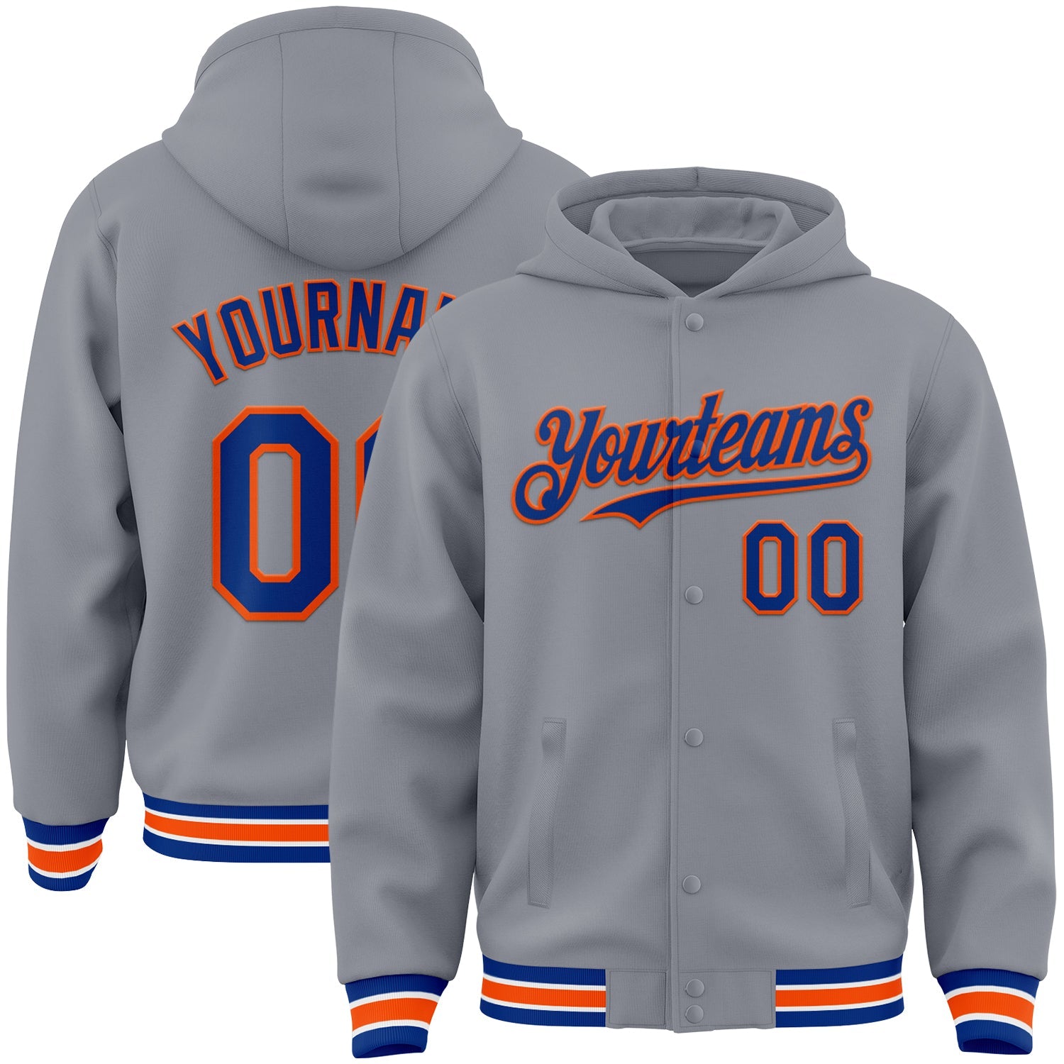 Custom Gray Royal-Orange Bomber Full-Snap Varsity Letterman Hoodie Jacket - Main View