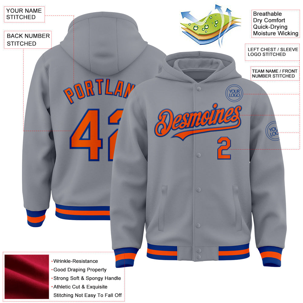 Custom Gray Orange-Royal Bomber Full-Snap Varsity Letterman Hoodie Jacket view 3