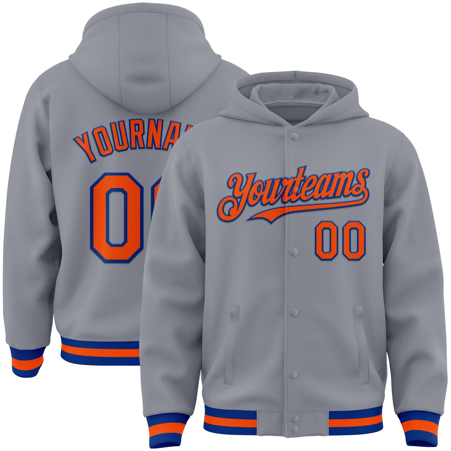 Custom Gray Orange-Royal Bomber Full-Snap Varsity Letterman Hoodie Jacket - Main View