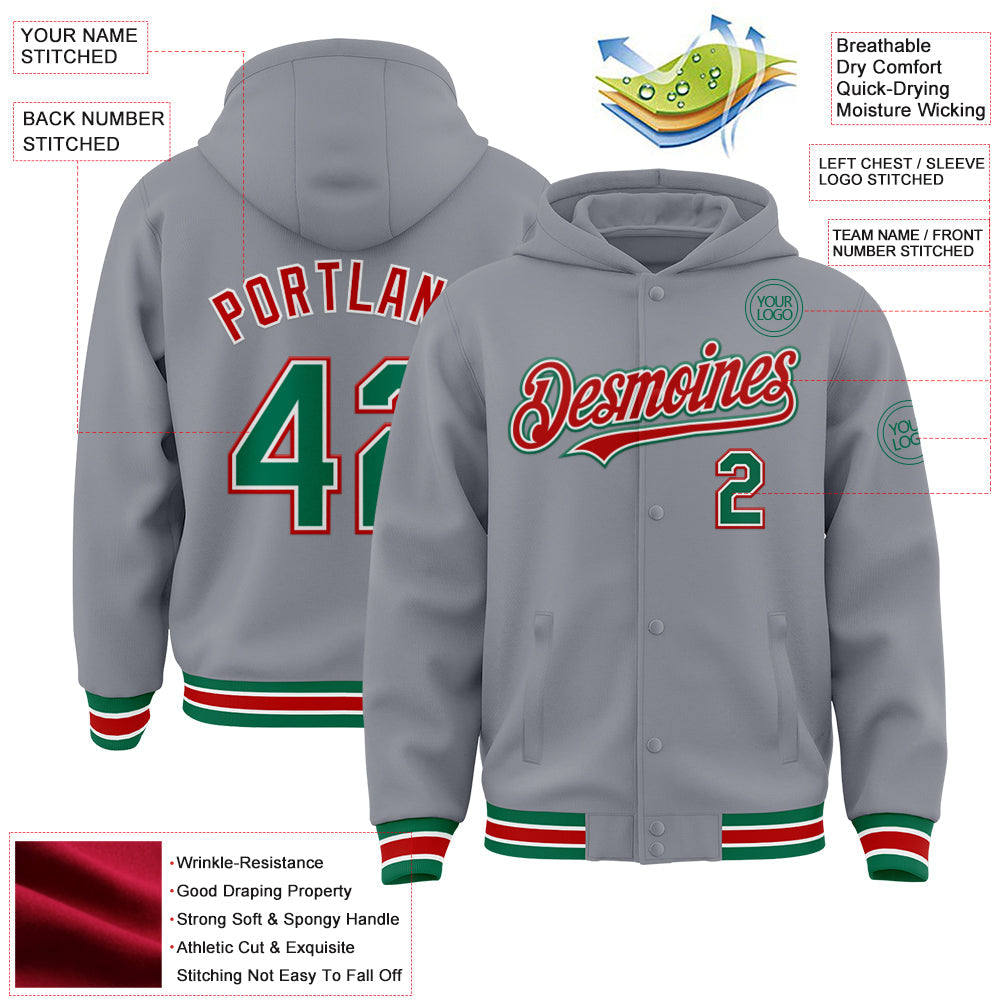 Custom Gray Kelly Green-Red Bomber Full-Snap Varsity Letterman Hoodie Jacket view 3