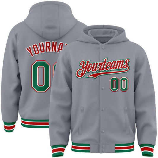 Custom Gray Kelly Green-Red Bomber Full-Snap Varsity Letterman Hoodie Jacket - Main View