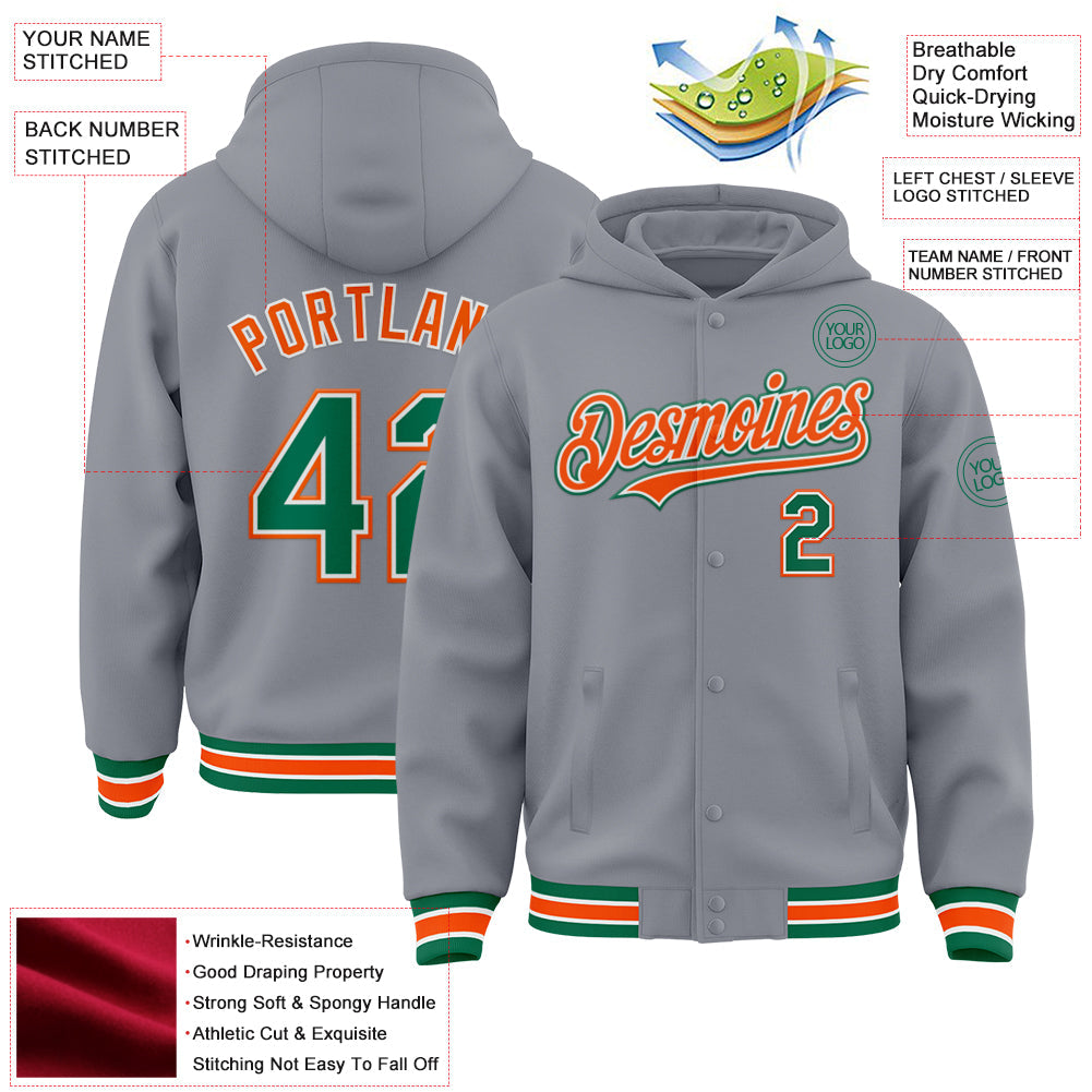 Custom Gray Kelly Green-Orange Bomber Full-Snap Varsity Letterman Hoodie Jacket view 3