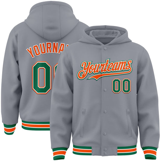 Custom Gray Kelly Green-Orange Bomber Full-Snap Varsity Letterman Hoodie Jacket - Main View