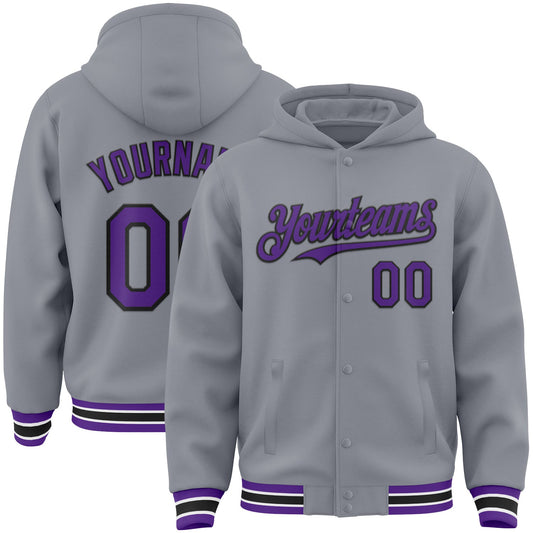 Custom Gray Purple-Black Bomber Full-Snap Varsity Letterman Hoodie Jacket - Main View