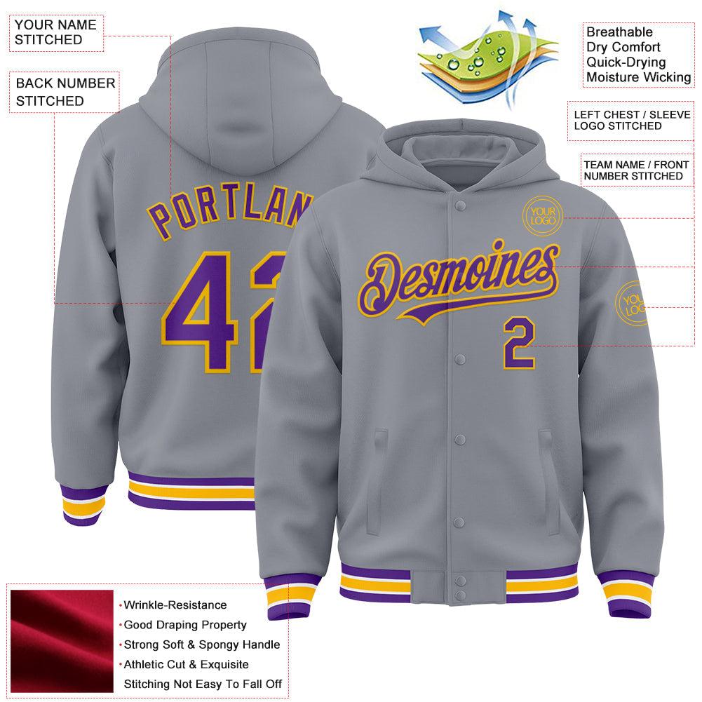 Custom Gray Purple-Gold Bomber Full-Snap Varsity Letterman Hoodie Jacket view 3