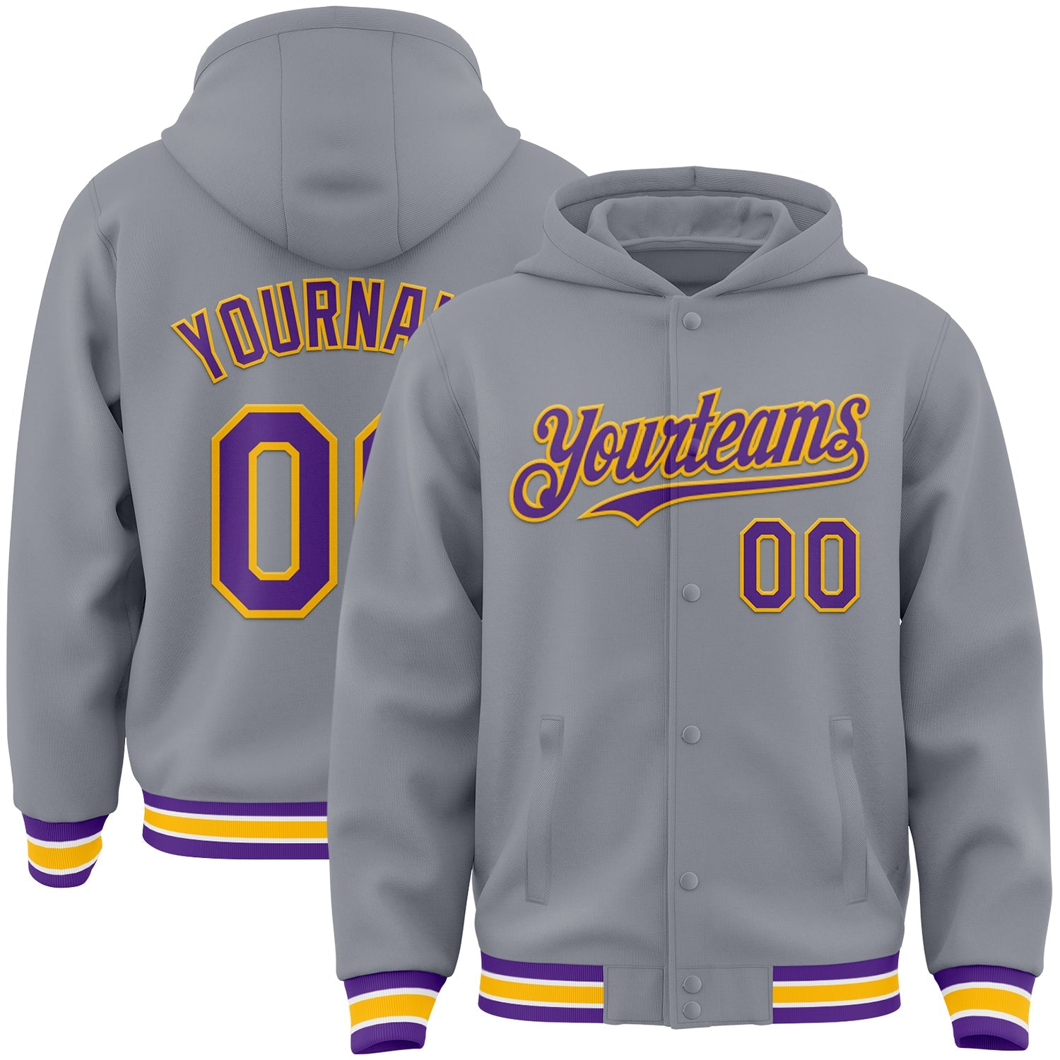 Custom Gray Purple-Gold Bomber Full-Snap Varsity Letterman Hoodie Jacket - Main View