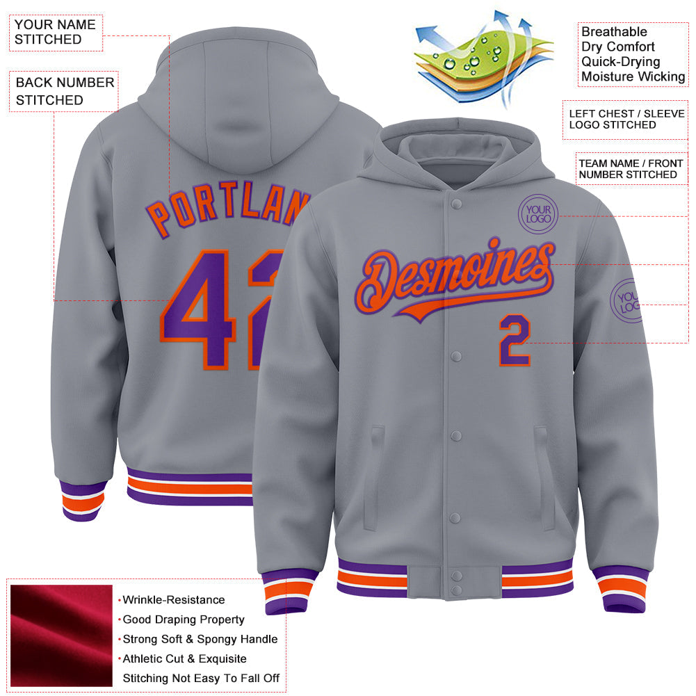 Custom Gray Purple-Orange Bomber Full-Snap Varsity Letterman Hoodie Jacket view 3
