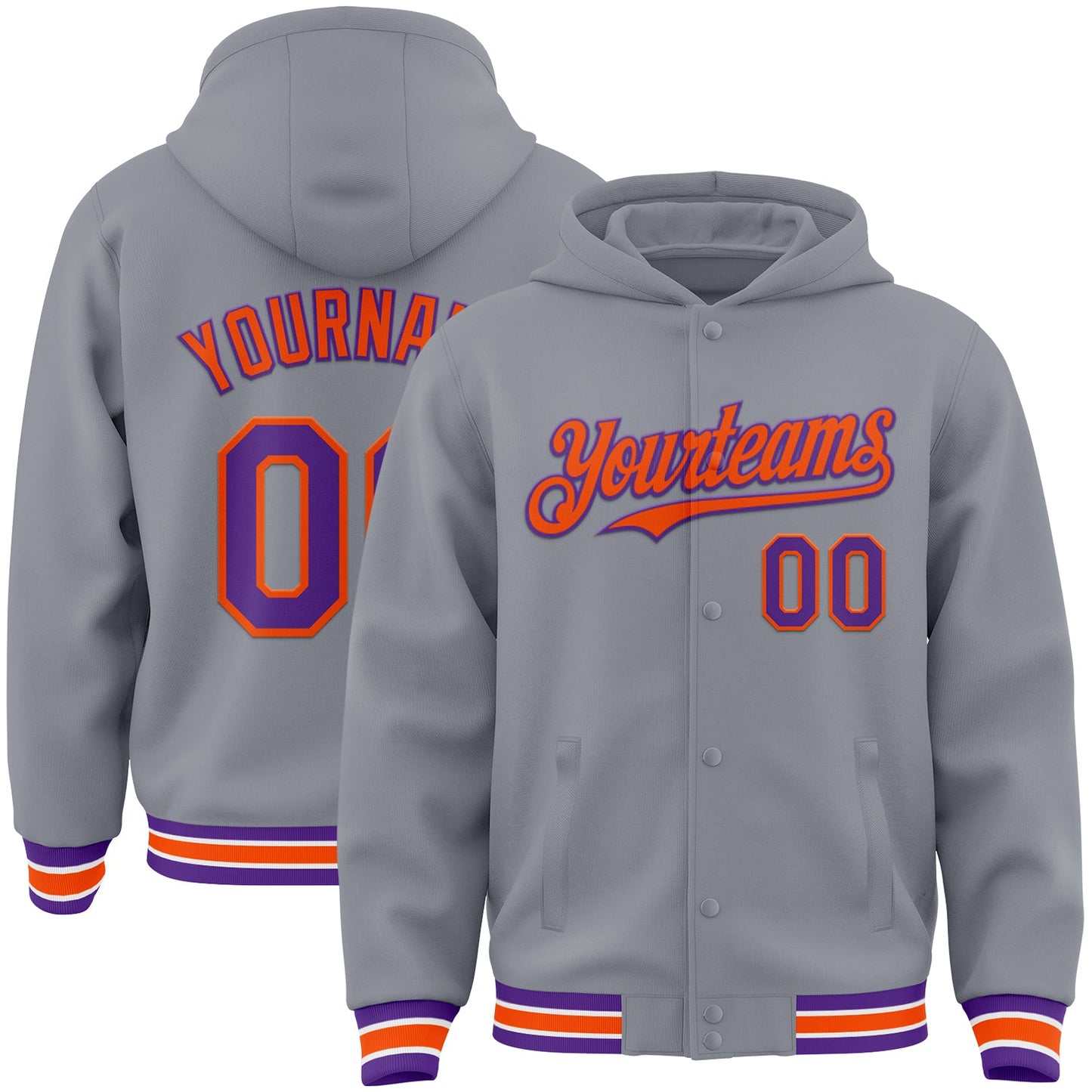 Custom Gray Purple-Orange Bomber Full-Snap Varsity Letterman Hoodie Jacket - Main View