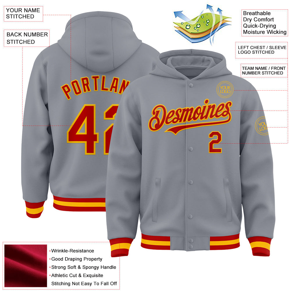 Custom Gray Red-Gold Bomber Full-Snap Varsity Letterman Hoodie Jacket view 3