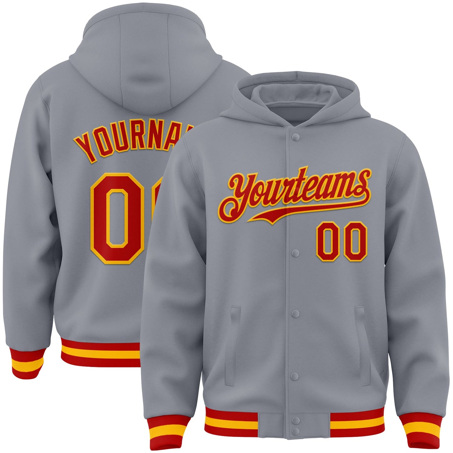 Custom Gray Red-Gold Bomber Full-Snap Varsity Letterman Hoodie Jacket - Main View