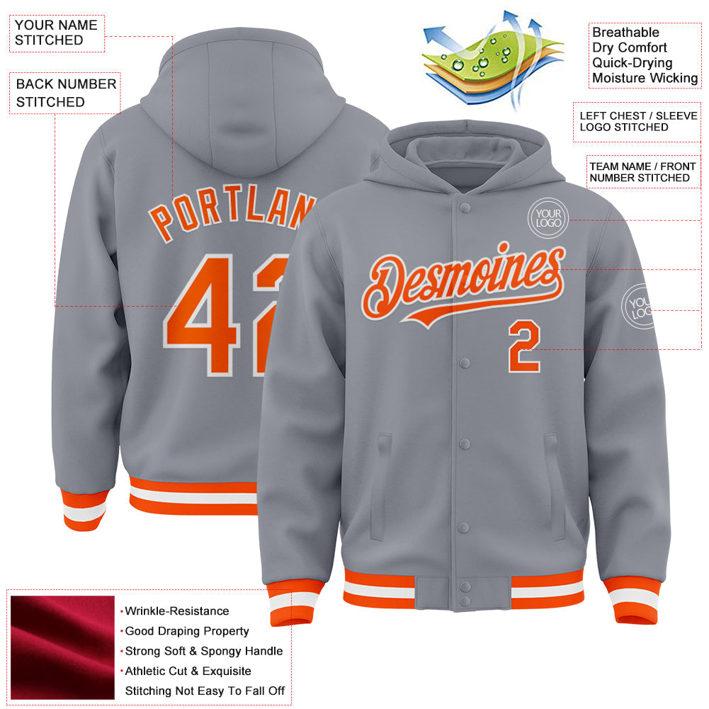 Custom Gray Orange-White Bomber Full-Snap Varsity Letterman Hoodie Jacket view 3