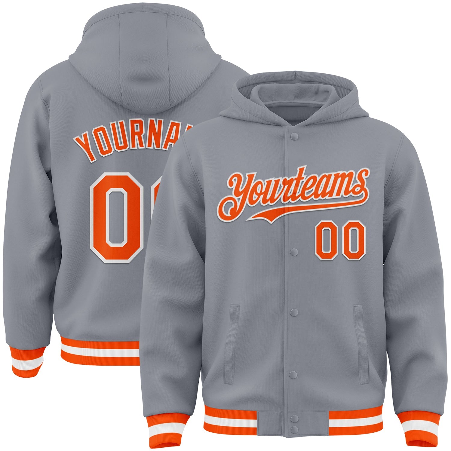 Custom Gray Orange-White Bomber Full-Snap Varsity Letterman Hoodie Jacket - Main View