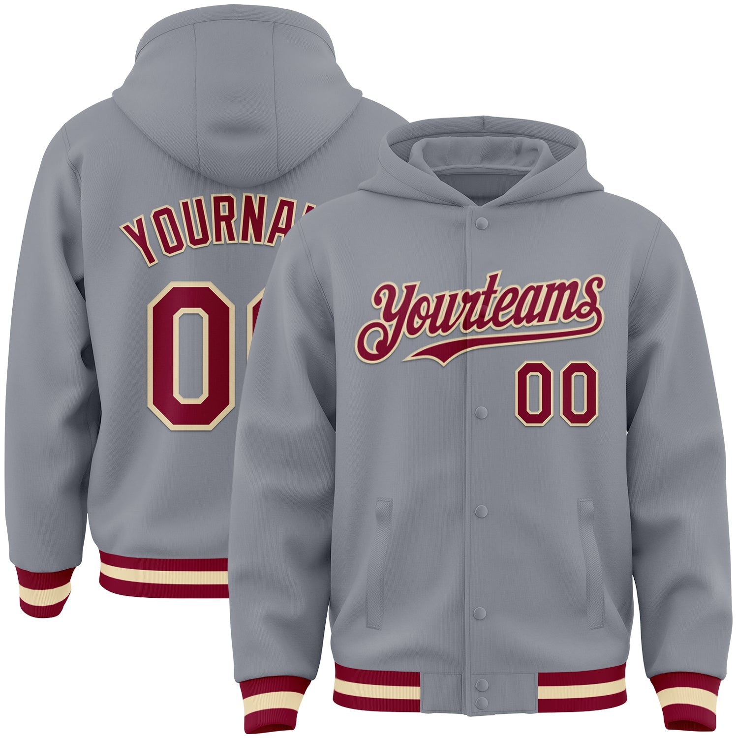 Custom Gray Maroon-Cream Bomber Full-Snap Varsity Letterman Hoodie Jacket - Main View