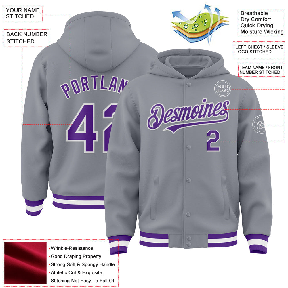 Custom Gray Purple-White Bomber Full-Snap Varsity Letterman Hoodie Jacket view 3