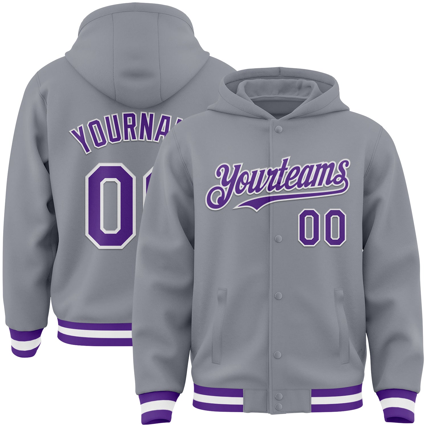 Custom Gray Purple-White Bomber Full-Snap Varsity Letterman Hoodie Jacket - Main View