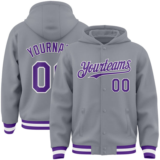 Custom Gray Purple-White Bomber Full-Snap Varsity Letterman Hoodie Jacket - Main View