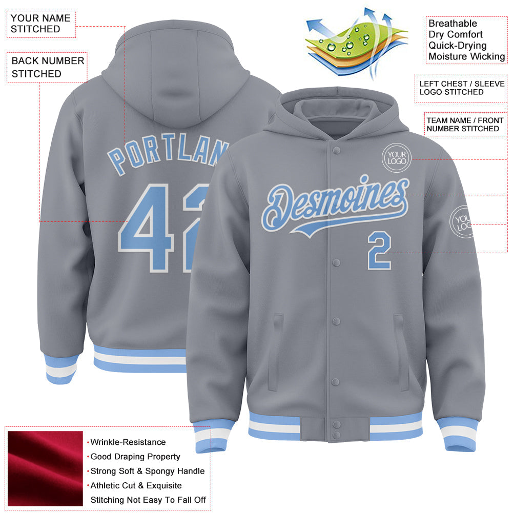 Custom Gray Light Blue-White Bomber Full-Snap Varsity Letterman Hoodie Jacket view 3