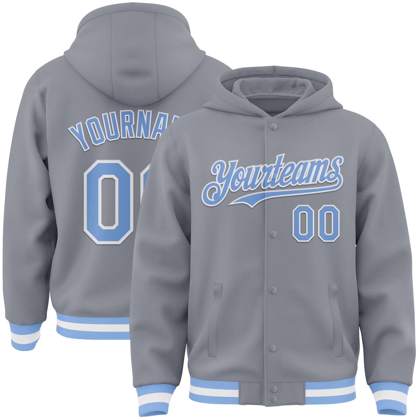 Custom Gray Light Blue-White Bomber Full-Snap Varsity Letterman Hoodie Jacket - Main View