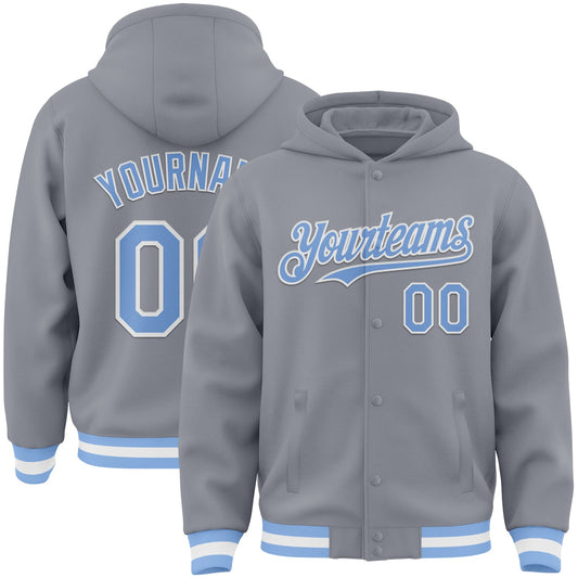 Custom Gray Light Blue-White Bomber Full-Snap Varsity Letterman Hoodie Jacket - Main View