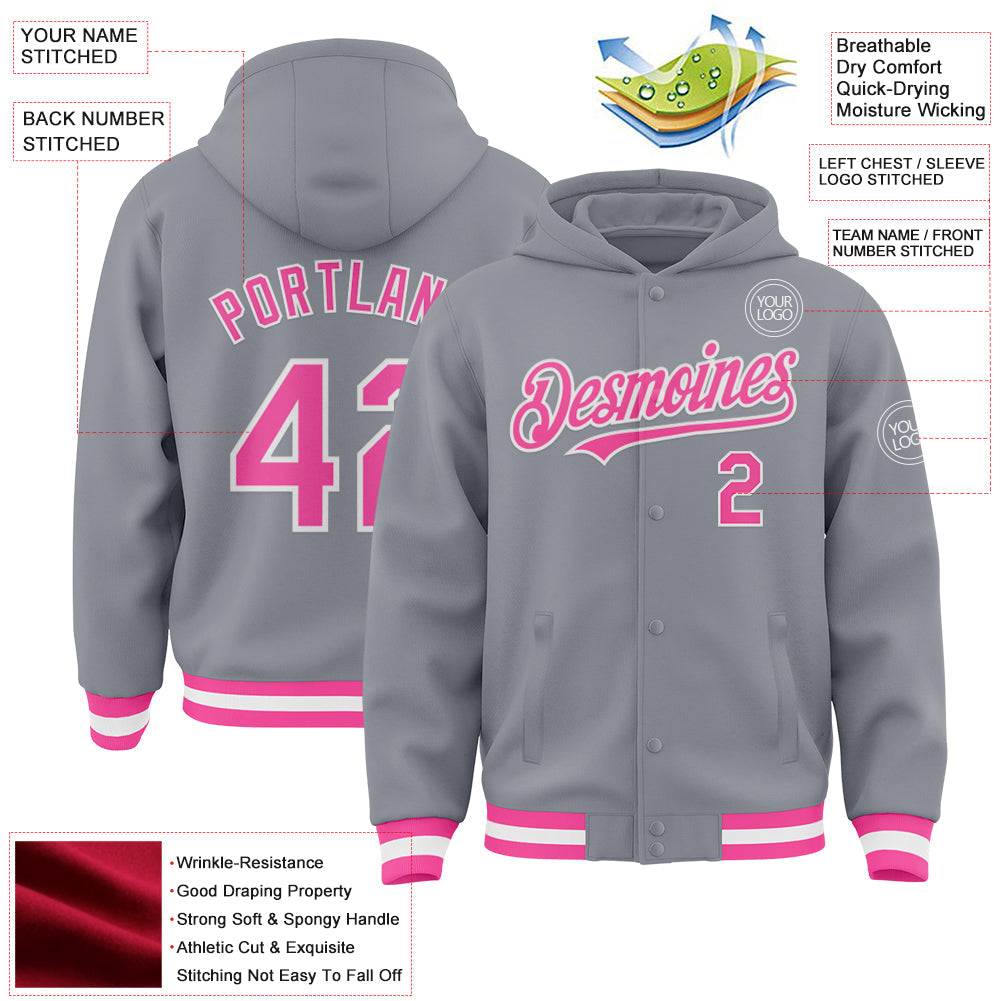 Custom Gray Pink-White Bomber Full-Snap Varsity Letterman Hoodie Jacket view 3