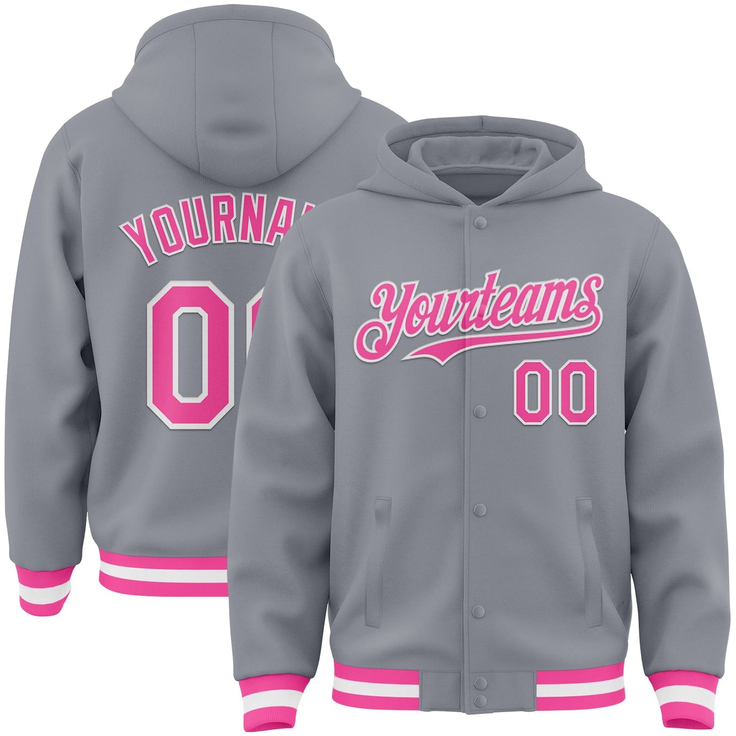 Custom Gray Pink-White Bomber Full-Snap Varsity Letterman Hoodie Jacket - Main View
